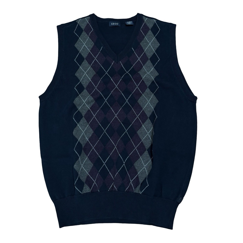 IZOD Sweater Vest Navy Blue Size LG Argyle Diamond 100% Cotton
